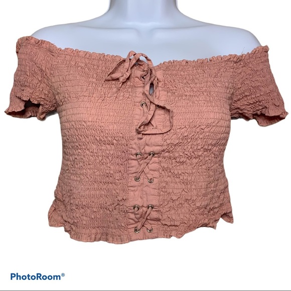 Ambiance Scrunched Off the Shoulder Pink Crop Top - Picture 3 of 8